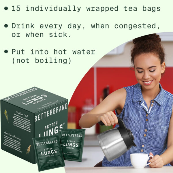 Betterbrand BetterLungs Caffeine Free Tea for Lung Cleanse, Congestion Relief, Mucus Detox - 15 Herbal Tea Bags with Mullein Leaf - Image 6