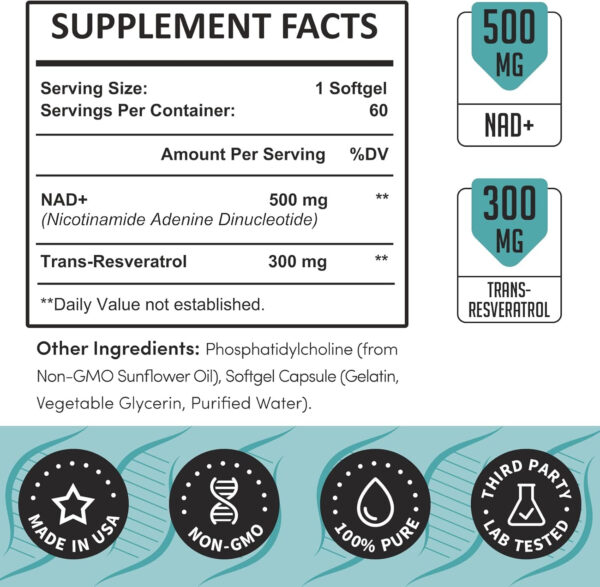 Liposomal NAD+ 800 mg with Trans-Resveratrol 300 mg, Max Absorption - 120 Softgels - Image 3